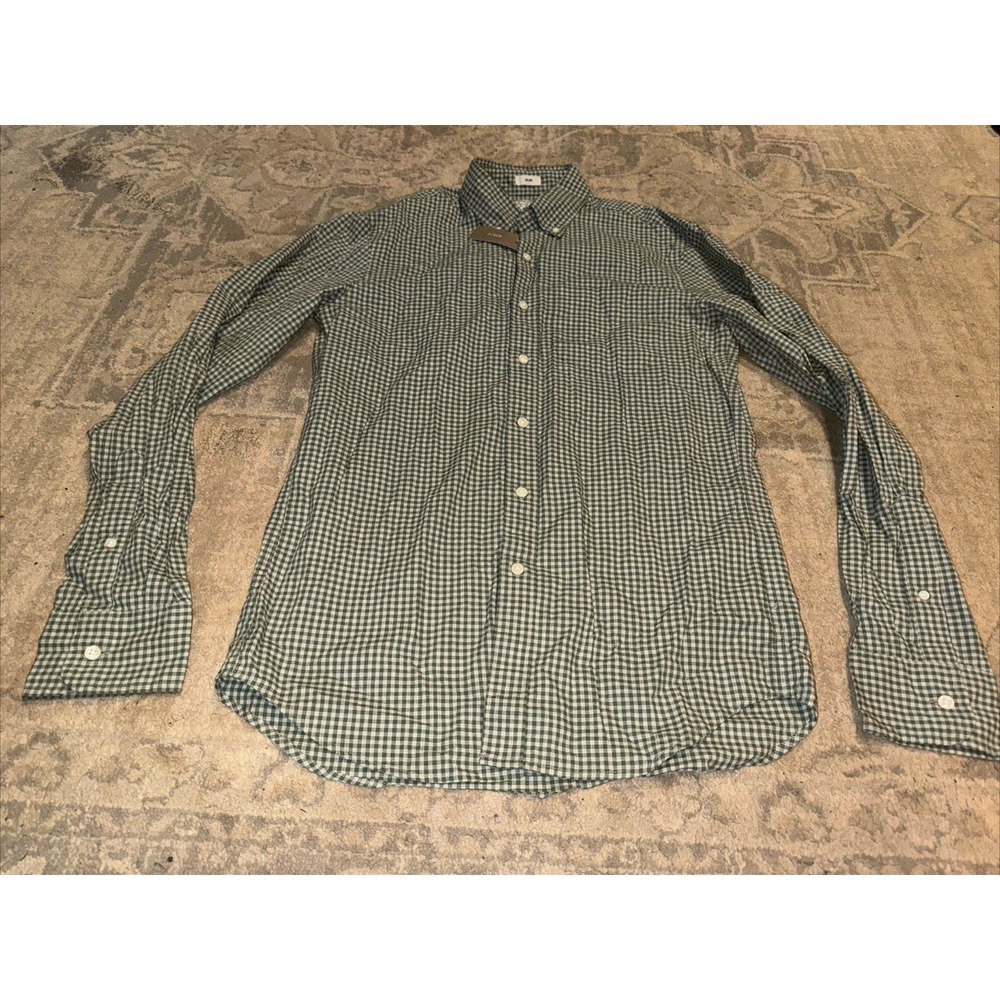 New J Crew Slim Button Up Shirt Mens Sz Small Green White Plaid Stretch Casual
